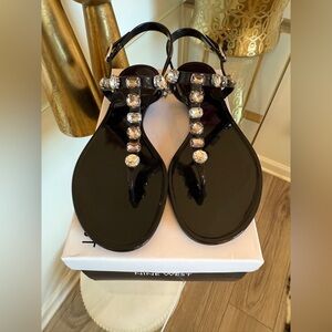 Nine West Glossy Black Jelly Sandals with Sparkling Gems